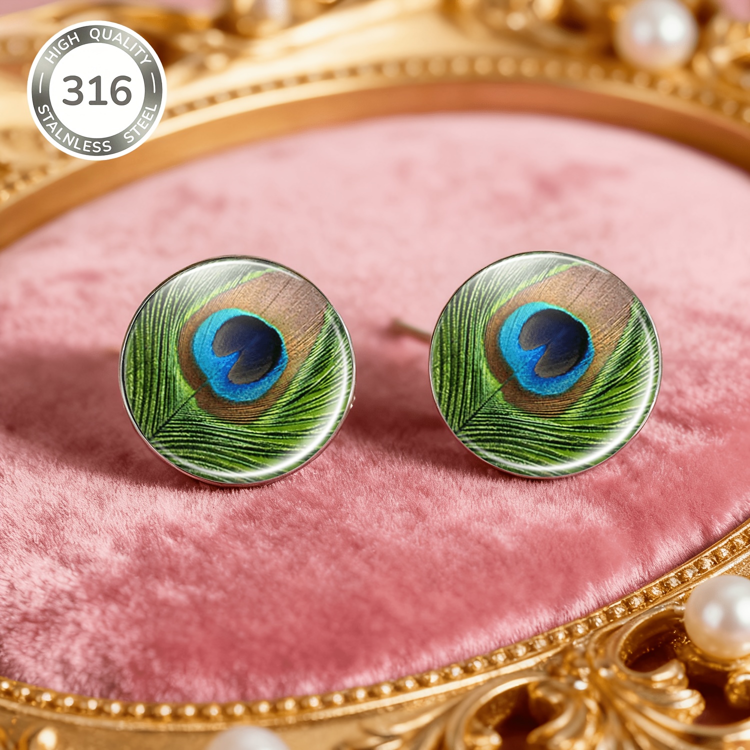 2pcs Set of Peacock Feather Round No-Piercing Ear Studs